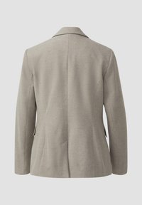 Grijze blazer met een gladde textuur, gestructureerd ontwerp, notch lapel en rugventilatie, met twee zijzakken en een getailleerde fit.