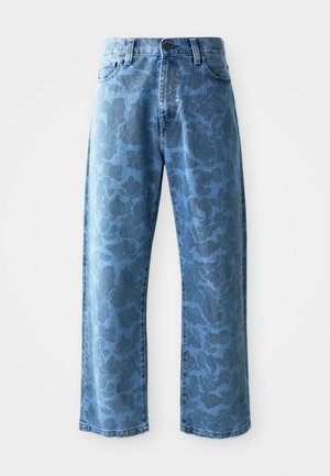Lyseblå denimjeans med et subtilt tonalt blomstermønster, bred benklipp, fem-lomme design og knaplukning i taljen.