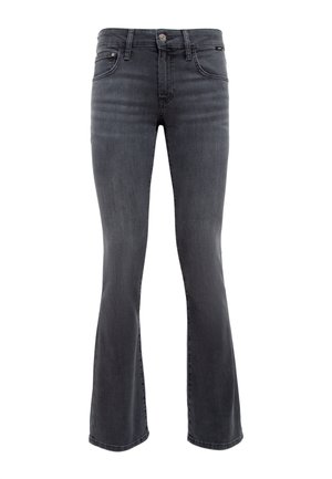 Flared denim jeans in dark gray. Features a fitted waist, front pockets, and a zip fly with a button closure. Smooth texture, classic design.