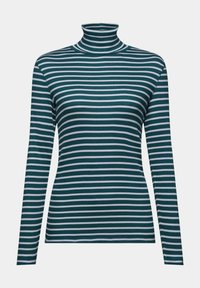 Pull col roulé à manches longues, côtelé, avec des rayures horizontales vert foncé et blanches, silhouette ajustée et col montant.