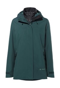 Giacca impermeabile teal con colletto alto, cappuccio regolabile e tasche con zip. Presenta una texture liscia e una foderatura nera a contrasto.