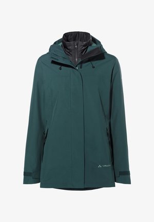 Giacca impermeabile teal con colletto alto, cappuccio regolabile e tasche con zip. Presenta una texture liscia e una foderatura nera a contrasto.