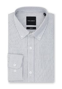 Biała i szara w paski slim-fit koszula z pointed kołnierzykiem, zapinanymi mankietami i białymi guzikami. Metka mówi "Pako Lorente".