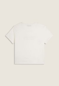 T-shirt bianco in cotone con maniche corte, scollatura rotonda e un design semplice e pulito. Nessuna grafica o motivo visibile. Texture liscia.