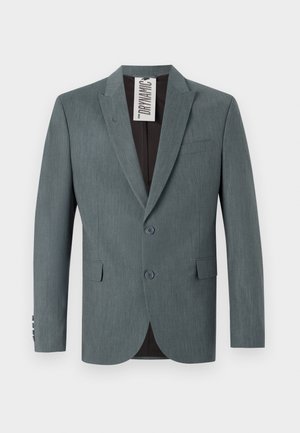 Gray, textured blazer with a notched lapel, two-button front, and front pockets. Interior is dark brown with a visible care label.
