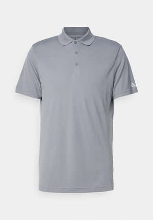 Light grey polo shirt made of smooth fabric, featuring a classic collar, three-button placket, and short sleeves with subtle branding on the sleeve.