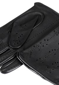 Schwarze Lederhandschuhe mit perforierten Details, glatter Textur und körpernahem Design. Akzentuiert mit einem nahtlosen Bündchen und schmalen Öffnungen.