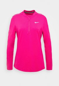 Pink long-sleeve top with a zip neck, featuring white side stripes and a Nike logo on the chest. Made from a smooth, flexible fabric.