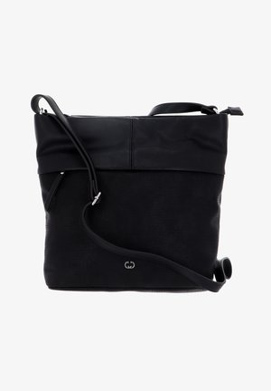 Schwarze Leder-Schultertasche mit einer strukturierten Oberfläche, glattem oberen Bereich, verstellbarem Trageriemen und einem dezenten Logoakzent nahe dem Boden.