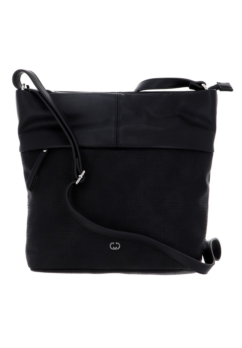 Borsa a spalla in pelle nera con un corpo testurizzato, una parte superiore liscia, tracolla regolabile e un sottile accento del logo vicino al fondo.