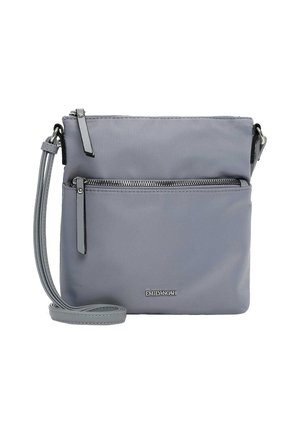 Compact gray crossbody bag with front zipper pocket, adjustable strap, and silver-tone "EMILY & NOAH" logo on front.