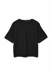 Czarny cardigan z krótkim rękawem, okrągłym dekoltem i pojedynczym zapięciem na guzik na górze, wykonany z dzianiny.