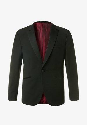 Blazer negro con cierre de un solo botón, solapas con muesca y un forro de satén burdeos. Presenta dos bolsillos frontales y un diseño ajustado.