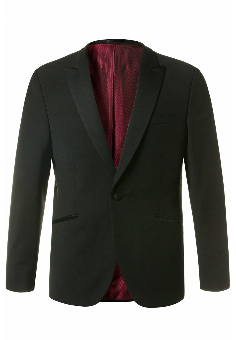Blazer nero con chiusura a un bottone, revers a punta e fodera in satin bordeaux. Presenta due tasche frontali e un design slim fit.