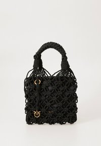 Mustast kootud käekott ruudukujulise kuju ja sõlmitud köie detailidega ning kuldsete metallist aksessuaaridega. Tekstuurne disain ja tugevad sangad.