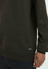 Olijfgroene gebreide trui met lange mouwen en geribde manchetten; heeft een klein merkembleem aan de zoom, getoond tegen zwarte jeans.