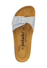 Silver, textured sandal with a wide strap, adjustable buckle, and a cushioned, tan footbed featuring printed brand name and size.