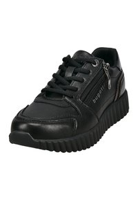 Schwarze Leder-Sneaker mit runder Spitze, strukturierten Oberflächen, kontrastierenden Akzenten und einem seitlichen Reißverschluss. Die Sohle ist geriffelt für einen besseren Halt.