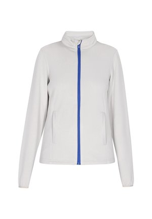 Jasnoszara kurtka zapinana na zamek z kołnierzem stojącym, niebieskim zamkiem błyskawicznym, dwoma przednimi kieszeniami i długimi rękawami. Gładka tekstura z prostym wzornictwem.