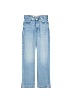 Hellblaue Straight-Leg-Jeans aus Denim mit Knopf- und Reißverschluss, vorderen Taschen und ausgewaschenen Details an den Oberschenkeln.