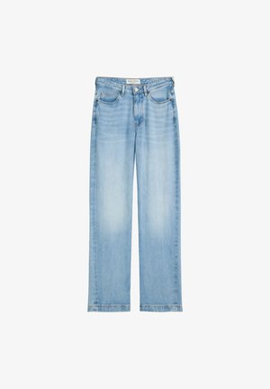 Hellblaue Straight-Leg-Jeans aus Denim mit Knopf- und Reißverschluss, vorderen Taschen und ausgewaschenen Details an den Oberschenkeln.