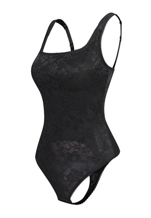 Body de encaje negro con tirantes ajustables, patrón floral y bordes festoneados en el escote y las aberturas de las piernas.