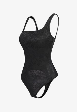 Schwarzer Spitzen-Body mit verstellbaren Schulterriemen, floralem Muster und gewellten Kanten am Ausschnitt und an den Beinöffnungen.