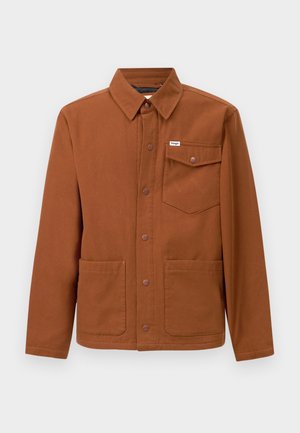 Brown long-sleeve jacket made of sturdy fabric, featuring a button-up front, two large front pockets, and a left chest pocket with a logo.