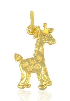 Goldener Giraffenanhänger mit erhabenen Punkten, glatter Textur und einer Schlaufe zur Befestigung. Präsentiert ein verspieltes Design und eine polierte Oberfläche.
