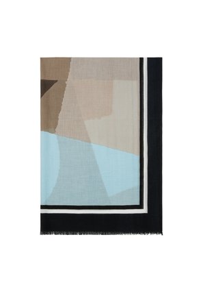 Šála s abstraktním geometrickým vzorem v béžové, světle modré a hnědé barvě, ohraničená černobílými pruhy s třásněmi na okrajích.