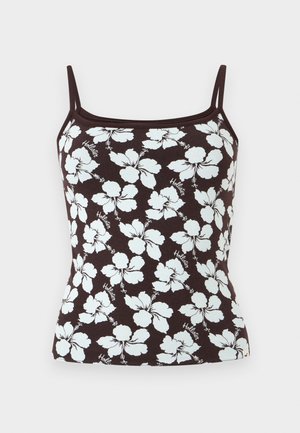 Braunes Spaghettiträgertop mit weißem Hibiskusblumenmuster und kleinem "Hollister"-Text, der über das gesamte Top verteilt ist.