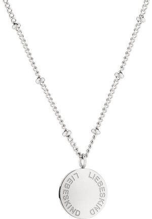 Zilveren halsketting met een gedraaide ketting en een ronde hanger. De hanger heeft reliëf tekst "LIEBESKIND" langs de rand. Gladde textuur.