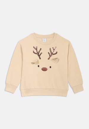 Sweat-shirt beige pour enfants avec des oreilles en tissu, des bois en sequins, des yeux noirs et un nez rouge en sequins formant un visage de renne sur le devant.