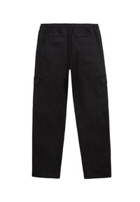 Pantaloni cargo negri cu o croială lejeră, curea elastică, două buzunare laterale și două buzunare cargo pe picioare. Material texturat.