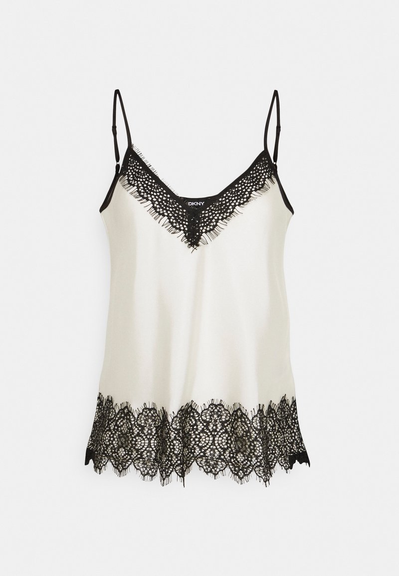 Camisole en satin blanc avec bordure en dentelle noire sur l'encolure en V et l'ourlet, avec bretelles fines noires réglables.