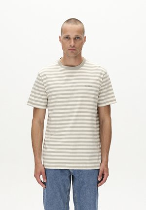 Striped t-shirt in light beige and cream with a crew neckline and short sleeves. Features logo detail on the chest and relaxed fit.