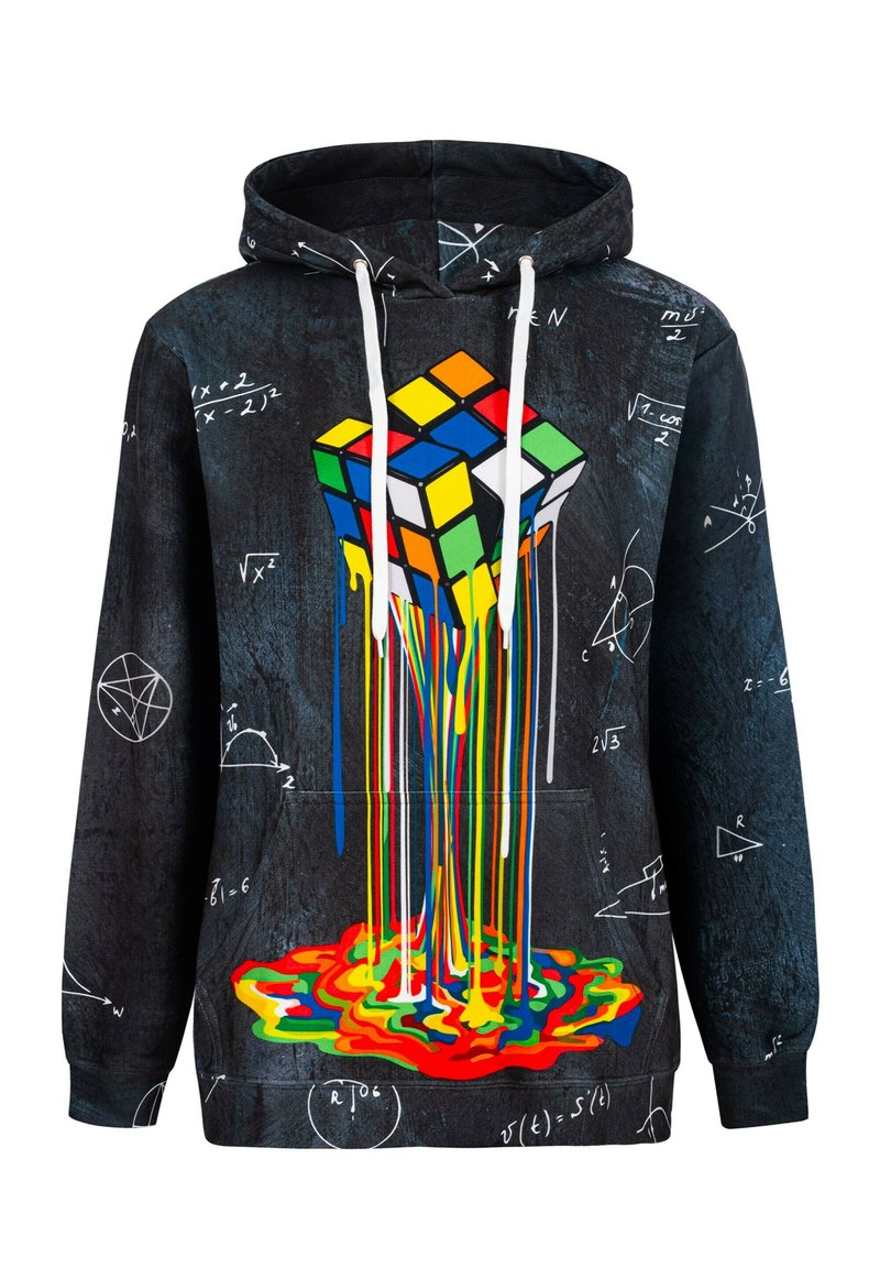 Felpa nera con cappuccio che presenta un cubo di Rubik sopra gocce colorate. I design includono equazioni matematiche e uno sfondo scuro e texturizzato.