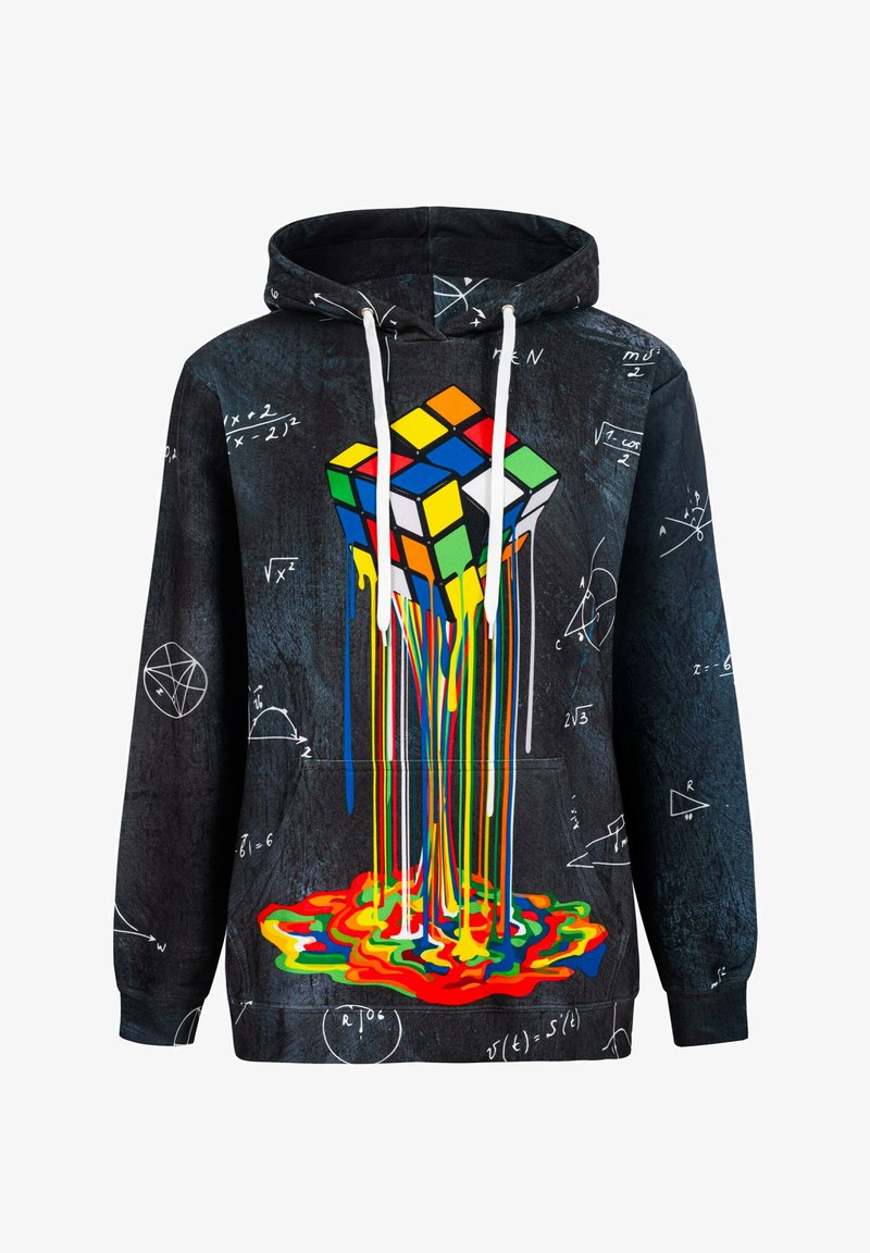 Melns kapuci, kurai virsū ir Rubika kuba attēls ar krāsainām pilēm. Dizainos ir matemātiskās vienādojumi un tekstūru bagāta, tumša fona.