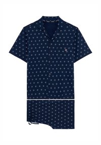 Chemise courte à manches courtes marine avec motif d'étoiles blanches et roses, style boutonné, poche poitrine unique et ourlet inférieur avec cordon de serrage.