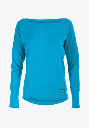 Camicia a maniche lunghe turchese con scollatura ampia, polsini a costine e orlo curvo. Realizzata in un tessuto morbido con una leggera lucentezza.