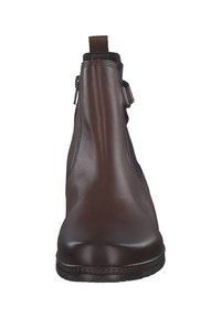 Brown leather ankle boot featuring a rounded toe, elastic side panels, and a pull tab at the back. Smooth texture with minimal stitching details.
