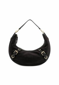 Borsa in suede nera a forma di mezzaluna, con manici in pelle, dettagli in metallo dorato e chiusura con zip sulla parte superiore.