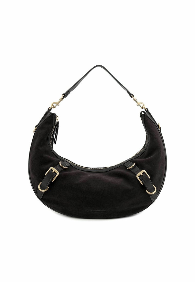 Borsa in suede nera a forma di mezzaluna, con manici in pelle, dettagli in metallo dorato e chiusura con zip sulla parte superiore.