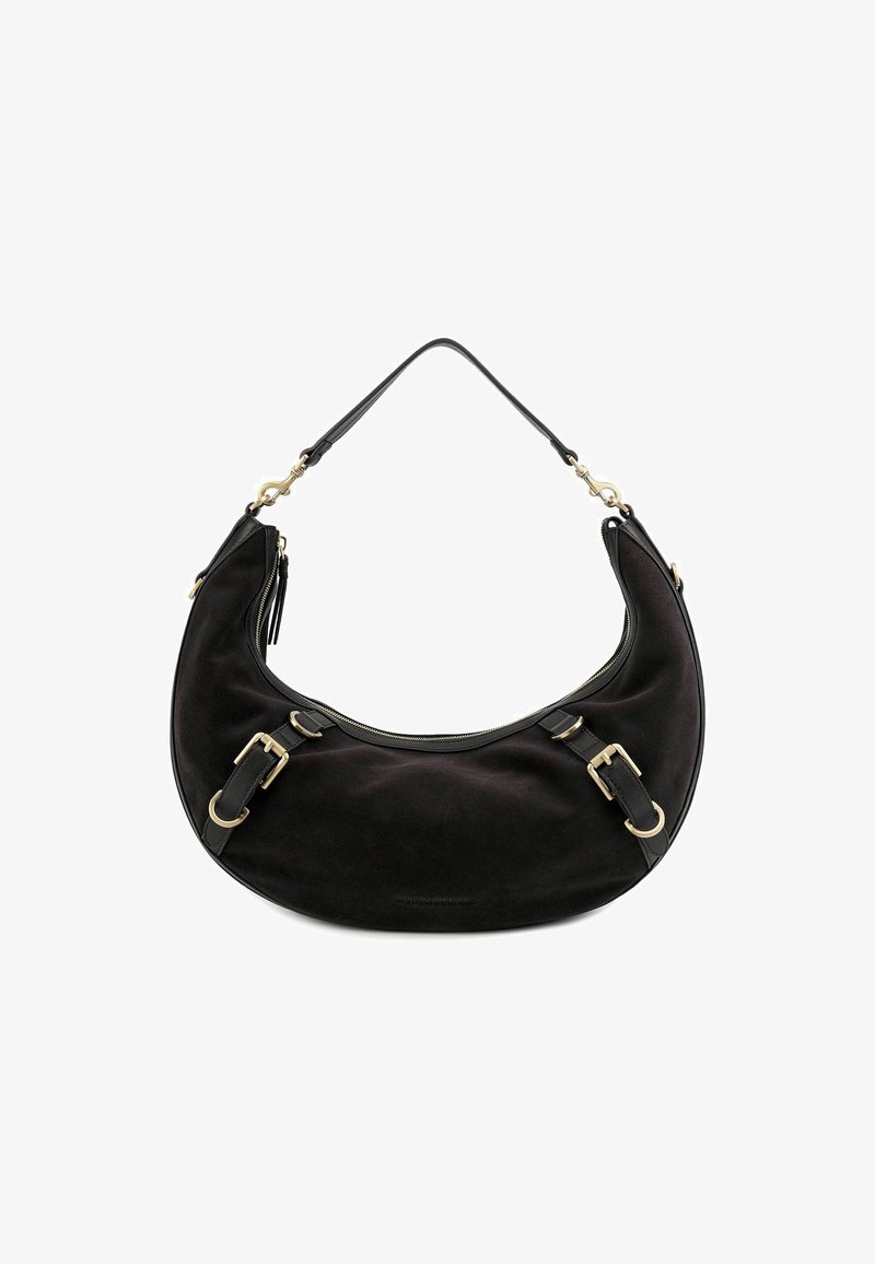 Borsa in suede nera a forma di mezzaluna, con manici in pelle, dettagli in metallo dorato e chiusura con zip sulla parte superiore.
