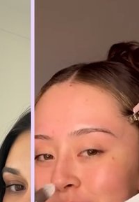 Två närbilder av individer med ljus till medelhavshudton. En har naturlig sminkning med mörkt hår, den andra applicerar smink med en borste.