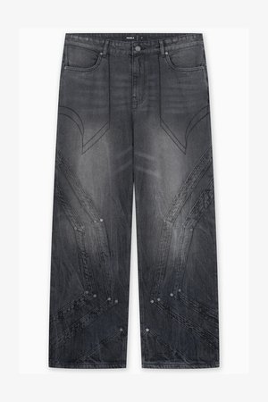 Laia hõlgudega teksad tumedas hallis denimis, mis sisaldavad iseloomulikke diagonaalseid õmblusmustreid ja metallnuppe külgedel. Klassikaline viie-tasku disain.