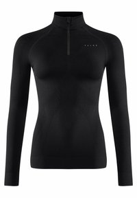Haut noir à manches longues avec un col zippé mi-hauteur, fabriqué en tissu texturé. Présente une silhouette ajustée et un logo de marque discret sur la poitrine.