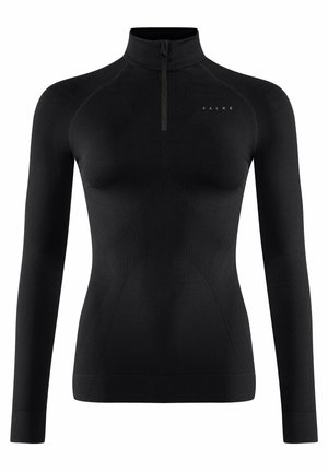 Maglietta nera a maniche lunghe con colletto a mezza zip, realizzata in tessuto texturizzato. Presenta una forma aderente e un logo del marchio discreto sul petto.