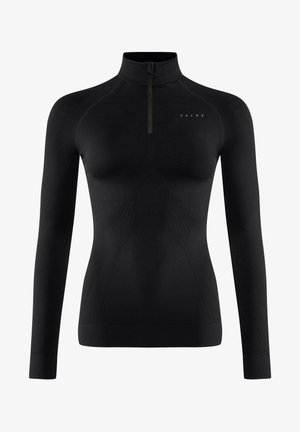 Haut noir à manches longues avec un col zippé mi-hauteur, fabriqué en tissu texturé. Présente une silhouette ajustée et un logo de marque discret sur la poitrine.