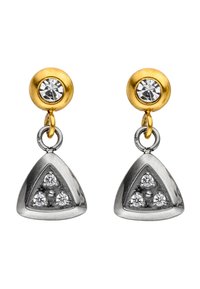 Silver and gold earrings with a triangular design, featuring three clear stones and a prominent round gold top with a stone accent.